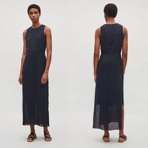 COS || Midi Sheath Dress Panel Shift Side Slit Navy Blue US 12
